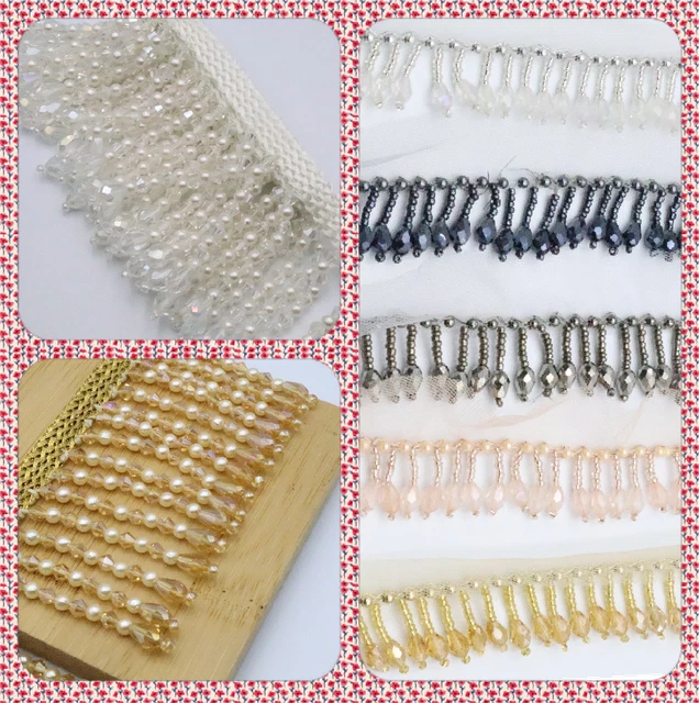 1 Yard Bead Crystal Fringe Bridal Saree Tassel Sew on Curtain Edge Lace 1 & 2 IN