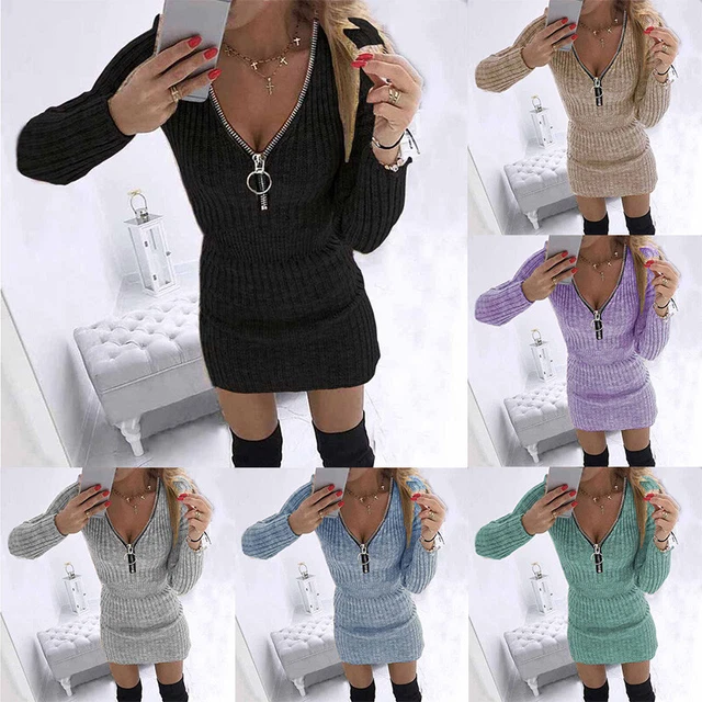 Donna Maglia Aderente Maglione Vestito da Manica Lunga Pullover Mini Abito +