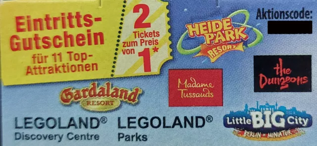 2 für 1 Gutschein # Legoland, Dungeon, Heide Park # Coupon vor Ort nötig