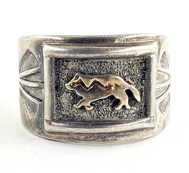 14K Yellow Gold Sterling Silver Ring 10.75 Mens Cigar Band Wolf Animal Navajo