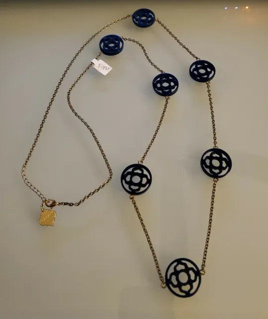 NEW Fornash Gold Tone Links connecting 7 Chloe BLUE Quatrefoil 40" long necklace