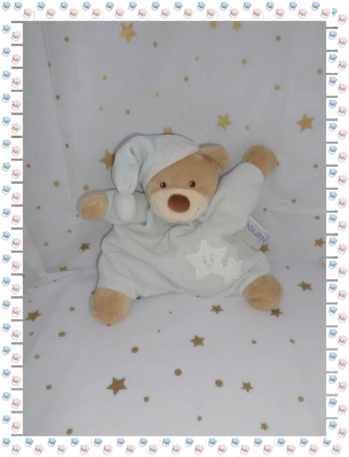 ⑧ -  Doudou Peluche Semi Plat Ours Bleu Beige Etoiles Grelot  Nattou