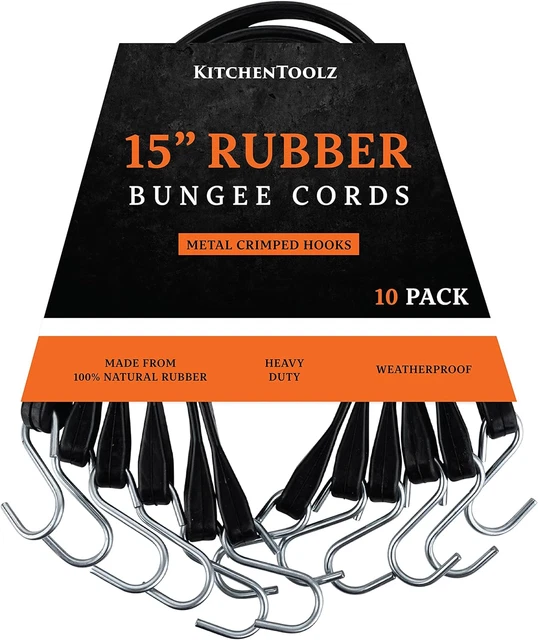 Tarp Straps 15" Inch Pack of 10 Rubber Bungee Cords with Hooks Crimped S Hooks