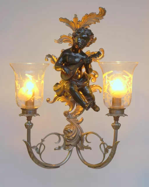 Große Jugendstil Wandleuchte "GREEN CHERUB" Putto Wandlampe Engel 3