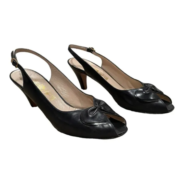 Salvatore Ferragamo Women's Black Leather Bow 80s Peep Toe Sling Back Heels -8.5