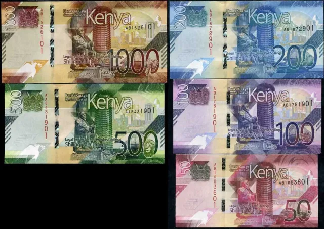 KENYA: Banknotes Set of 5--KSH 50, 100, 200, 500, 1000 Shillings 2019 PNEW