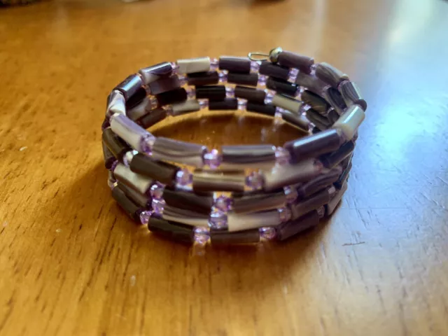 Wampum Shell With Light Lilac Purple Swarovski Crystals, Memory Wrap Bracelet.