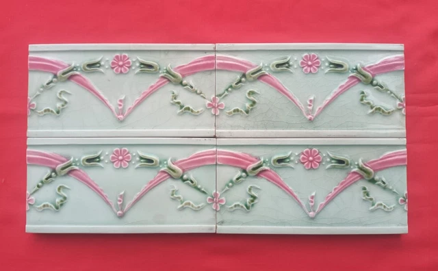 4 Piece Lot Art Deco Floral Design Embossed Majolica Ceramic Tiles England 0289