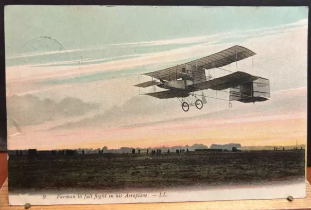 1910 Vintage Postcard Farman in full Flight in his Aeroplane