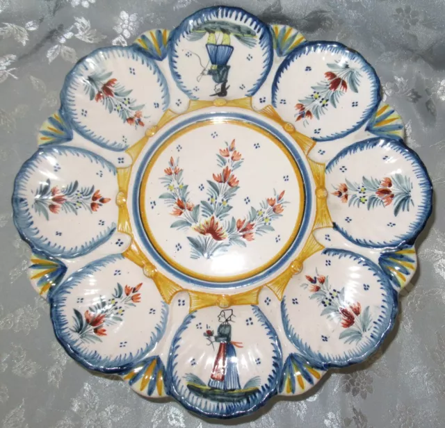 French Oyster Dish Platter Henriot Quimper Majolica 8 Shells With Pedestral