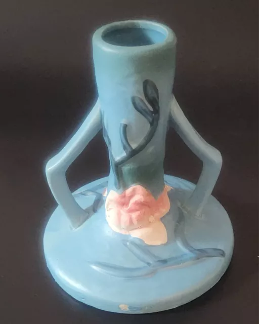 Roseville Art Pottery 5.75” Magnolia 2 Handled Blue Bud Vase Reproduction