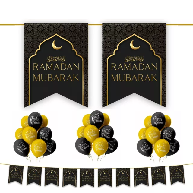 Ramadan Mubarak 20pc Decoration Set - Balloons Bunting Banner (Black & Gold) '24