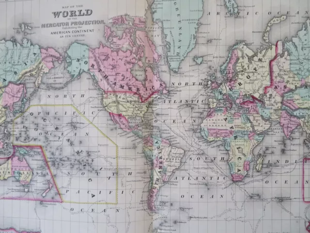 World Map on Mercator's Projection explorer tracks 1869 hand color Mitchell map