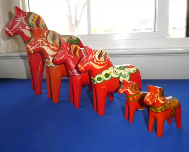 6 Caballos De Madera Tallados A Mano De Arte Folclórico Sueco De Colección Nils Olsson Dala 3""- 8,5"" T