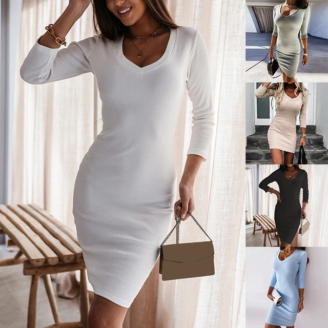 Moulant Pull Robe de Soirée Clubbing Midi Long Tricot Manche Slim Sexy Femme *