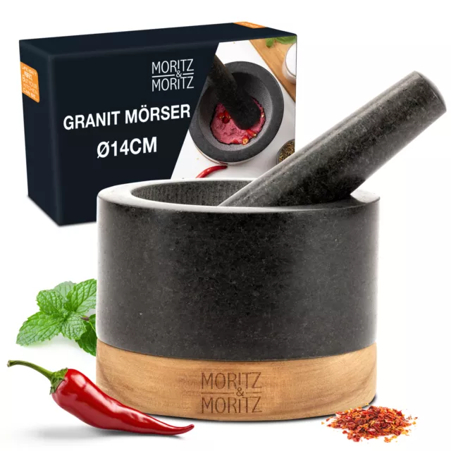 Moritz & Moritz Granit Stößel und Mörser Set mit Holzuntersetzer, Schwarz, 14cm