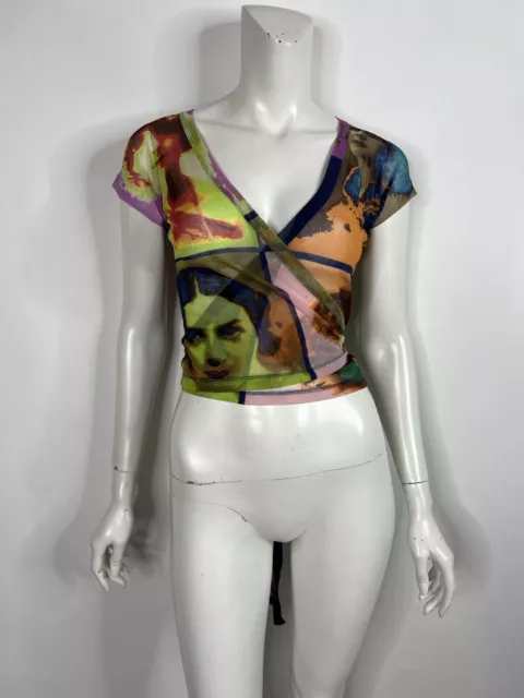 Vtg Jean Paul Gaultier Soleil Pastel Portrait Print Sheer Mesh Wrap Crop Top M