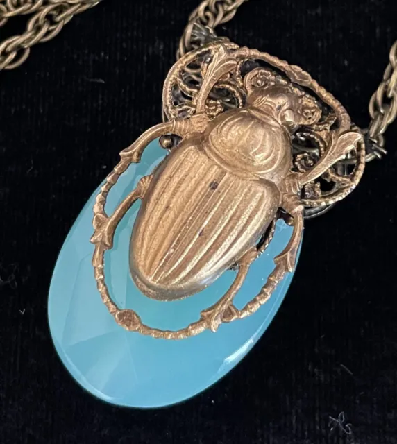 Scarab Necklace Egyptian Revival Brass Beetle & Vintage Minty Aqua Glass Pendant