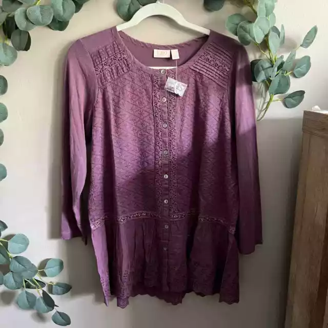 NWT LOGO LAVISH Purple Ruffle Long Sleeve Blouse Size XS casual workwear