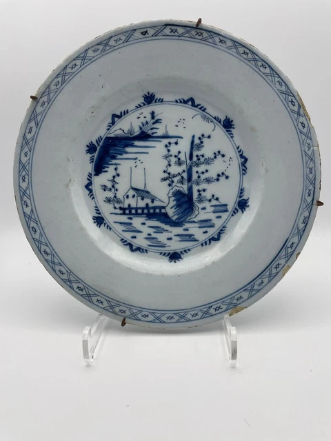 Antique 18Th C English Delft Chinese Pattern Plate Chinoiserie Blue White