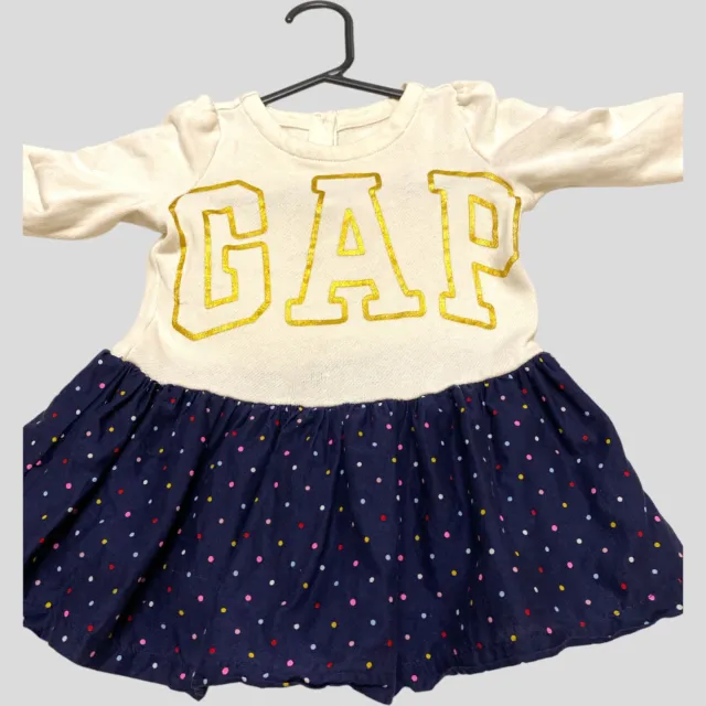 Baby Gap Girls Dress Size 12 18 Months White Polka Dot Long Sleeve Logo Button
