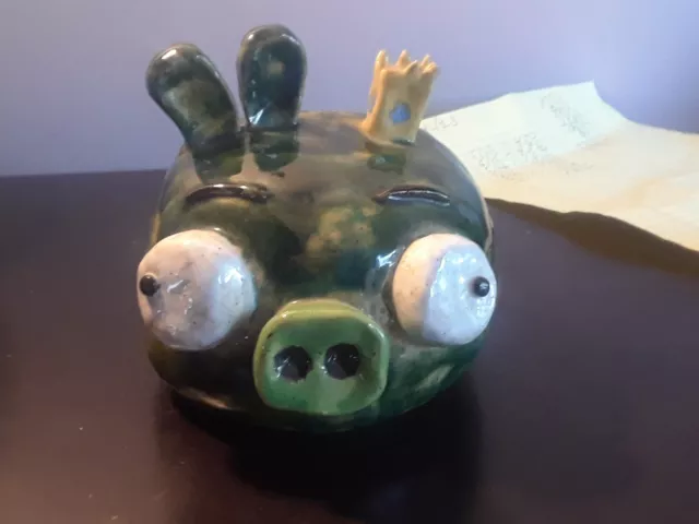Angry Birds King Pig Piggy Bank Green w/Crown  folk art b8