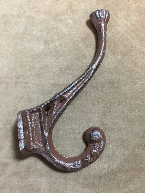 Double Wall Coat Hat Hook Hanger, Cast Iron Antique Style Brown/Red Patina NEW