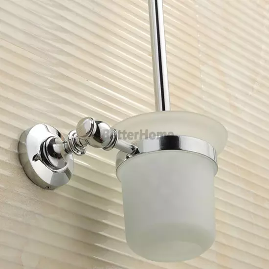 Chrome Brass Bathroom Wall Mount Toilet Cleaning Brush Holder Set with Glass Cup