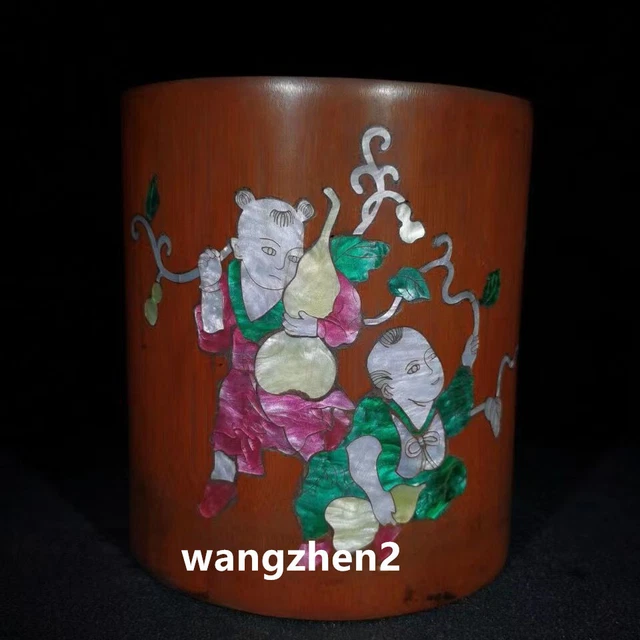 Chinese Wood brush pot Bamboo Children's design pen holder inlaid with seashells