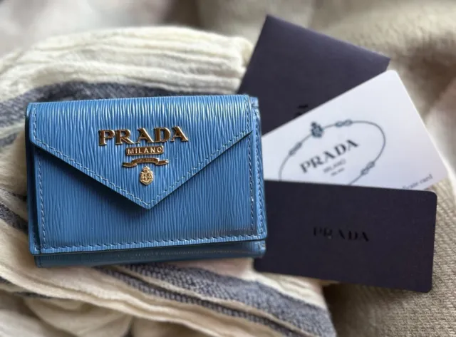 PRADA Vitello Move Blue Cobalt Leather Compact Trifold Wallet