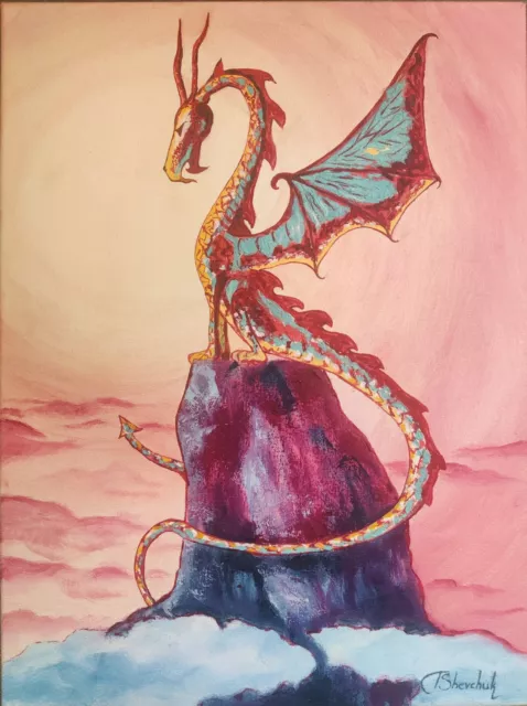 Original Painting Dragon Animals Mythical Beast Sky Hand Painted Art Oil 16x12in