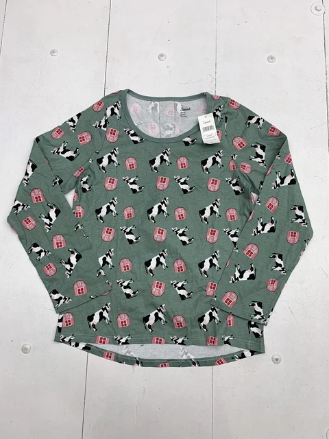 Leveret Womens Green Cow Barn Print Long Sleeve Pajama Shirt Size Medium