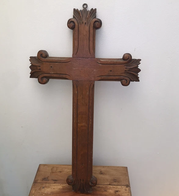 Antique French Wood Crucifix 20” Hand Carved Wood Jesus Wall Cross Wooden Large
