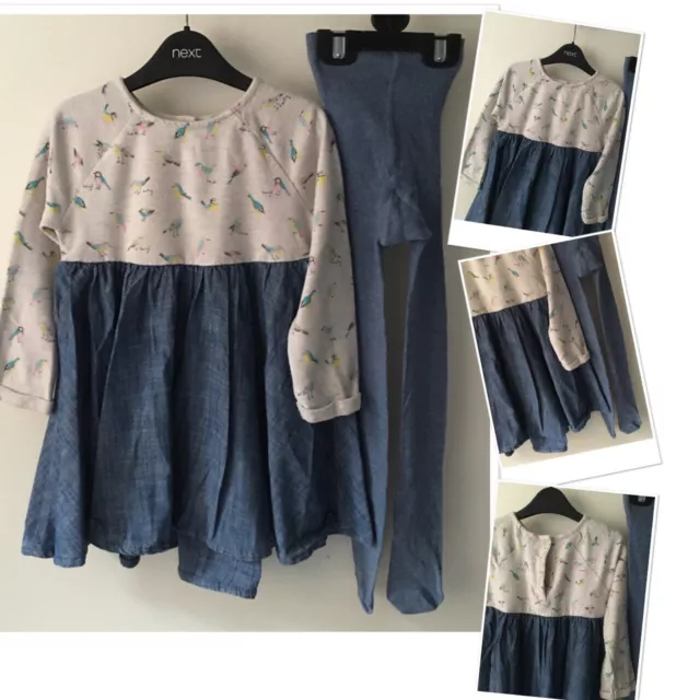 Next Girls Bird Theme Flounce Dress Exc & New M&S Cotton Tights 2-3 Years