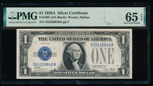 AC 1928A $1 Silver Certificate PMG 65 EPQ S-A block  Fr 1601