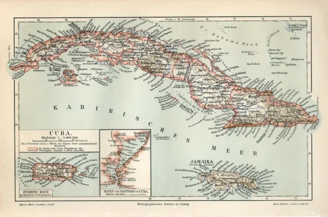 1895 CUBA JAMAICA PUERTO RICO SANTIAGO DE CUBA HARBOUR PORT Antique Map