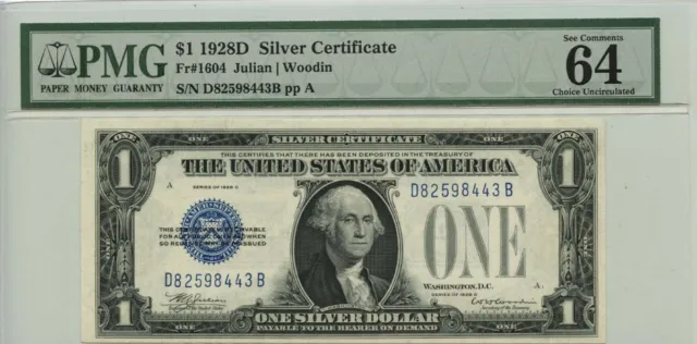 1928D $1 Silver Certificate Blue Seal Fr# 1604 PMG CH64 EPQ