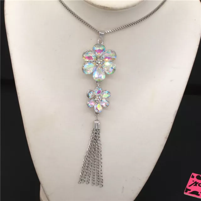 Betsey Johnson AB Crystal Flower Bling Tassel Rhinestone Pendant Necklace
