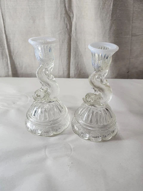 Vtg Northwood Clear White Opalescent Petticoat Dolphin Koi Fish Candlestick EAPG