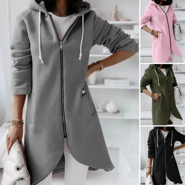 UK Womens Long Sleeve Fleece Hooded Jacket Ladies Jumper Hoodie Cardigan Coat