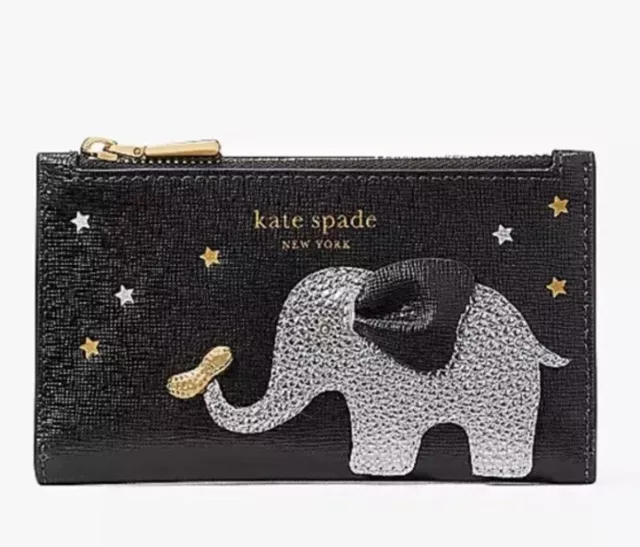 Kate Spade Ellie Embellished Elephant Small Slim Bifold Wallet Black Leather NWT