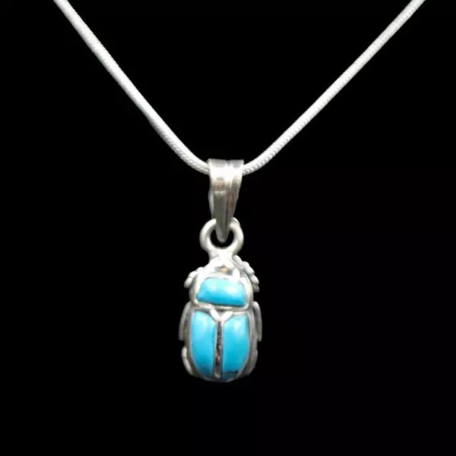 Sterling Silver Pendant Necklace Chain of Ancient Egyptian Scarab Beetle Amulet