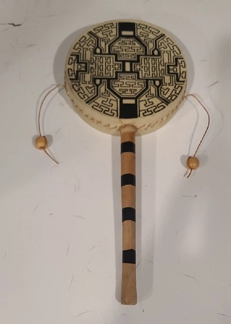 Native American Childs Toy Twist Rattle Drum Wood