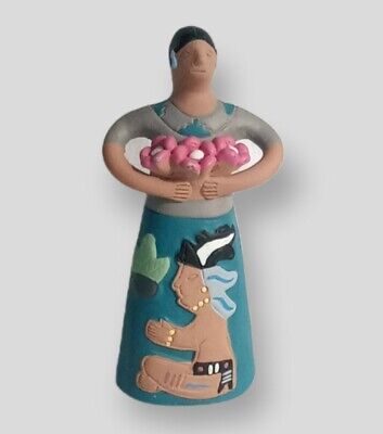 South American Folk Art Figurine Native Woman Holding Flowers Red Clay