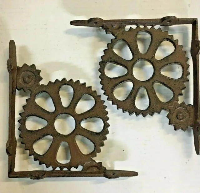 2 pc GEAR STEAMPUNK BRACKET vintage industrial look rustic antique brown patina