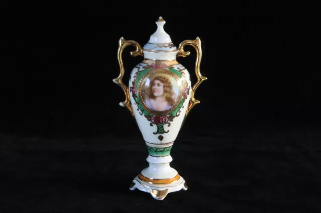 Rare Occupied Japan Miniature Portrait Hand Painted Covered Urn Vase Porcelain