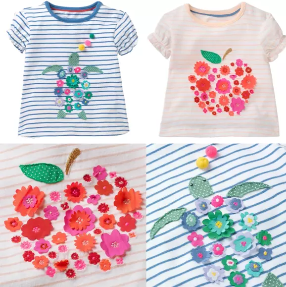 BABY BODEN Girls Striped Flower Turtle T-Shirt Tops Pom Poms 0/3mths - 3/4yrs