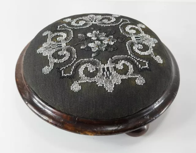 Antique Victorian Beaded Decorative Footstool Floral Pattern
