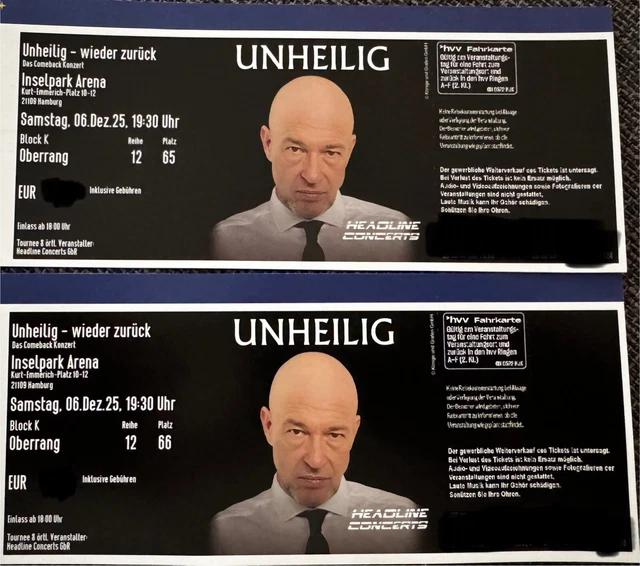 2 UNHEILIG SITZPLATZ Tickets 6 Dez 2025 Hamburg EUR 301,00 - PicClick DE