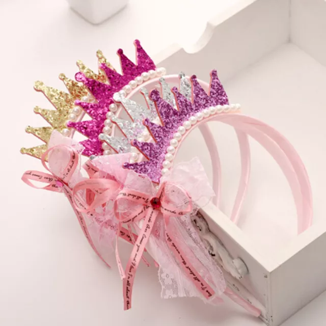 Girls Hair Bands Pearls Resin Lace Bow Ribbon Crown Princess Kids Accessori-*-